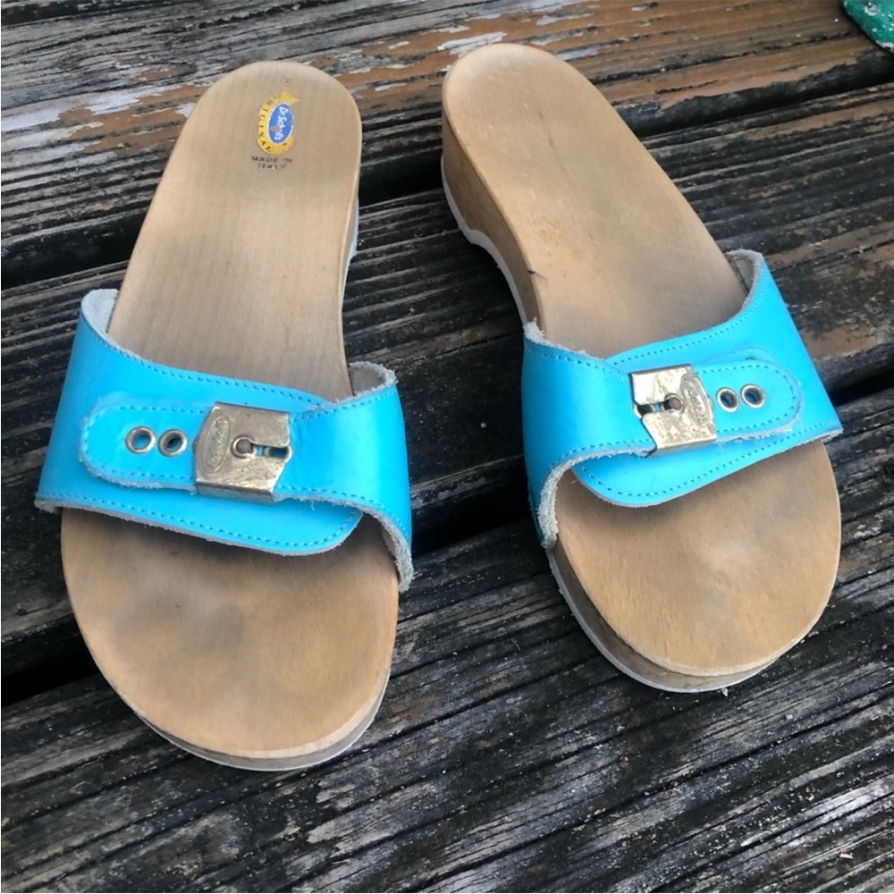 Dr Scholls Aqua Blue Wood Leather Exercise Sandals Sz 8 Slip On Vintage 70s 80s